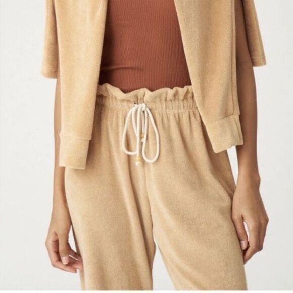 DONNI. Camel Terry Drawstring Joggers Jogging Pants Size Large Tan Pull On Beach - Picture 2 of 11